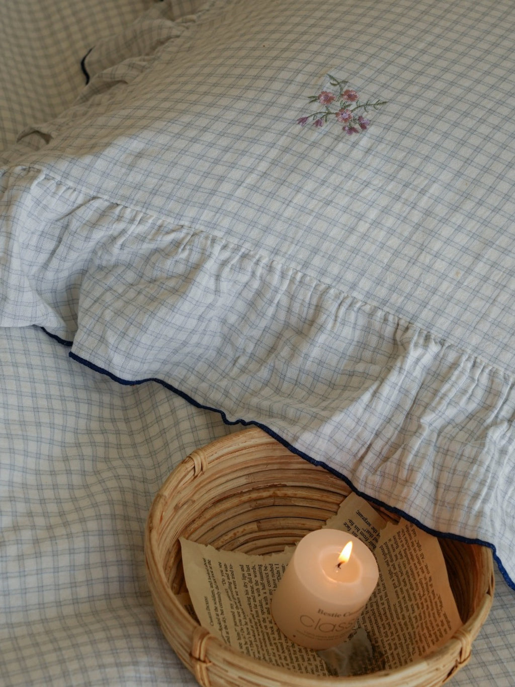 Florabelle Blue Gingham Embroidered Muslin Bedding Set original reference image 1