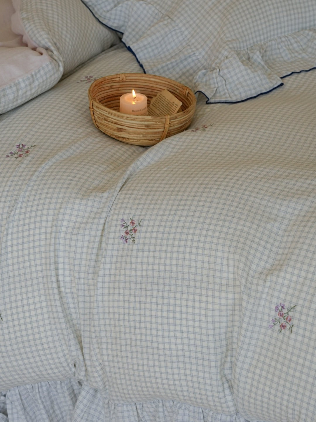 Florabelle Blue Gingham Embroidered Muslin Bedding Set original reference image 3