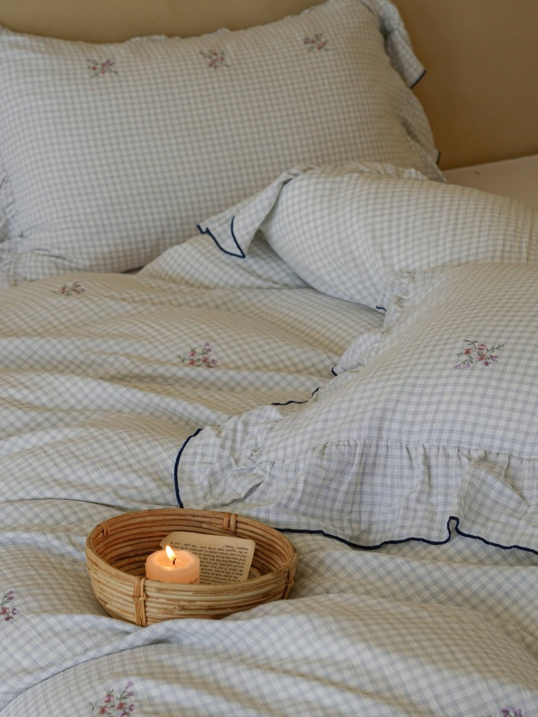 Florabelle Blue Gingham Embroidered Muslin Bedding Set original reference image 5