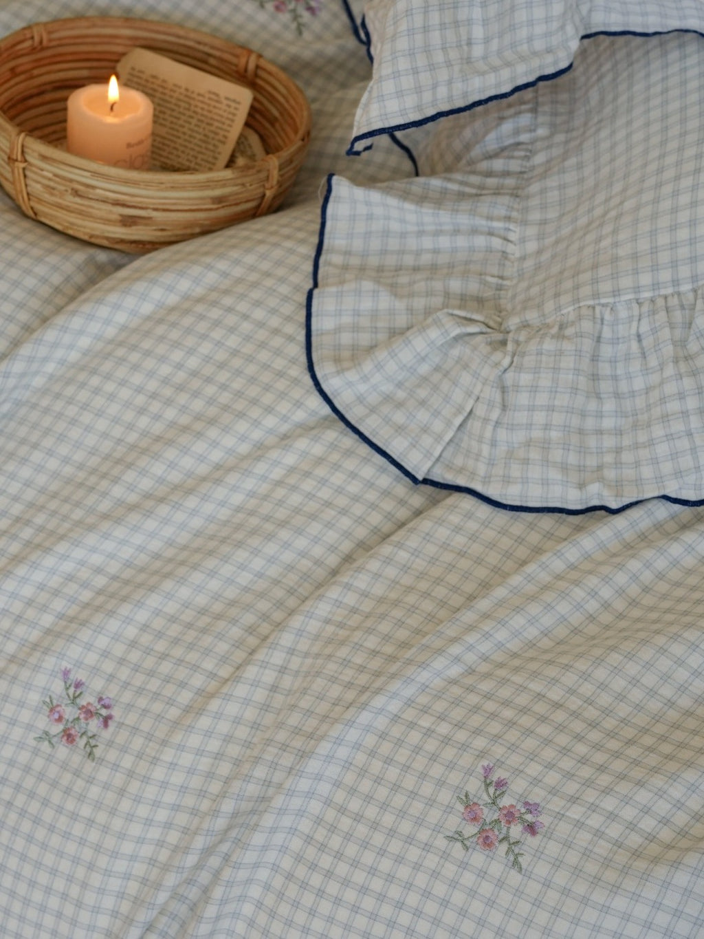 Florabelle Blue Gingham Embroidered Muslin Bedding Set original reference image 6