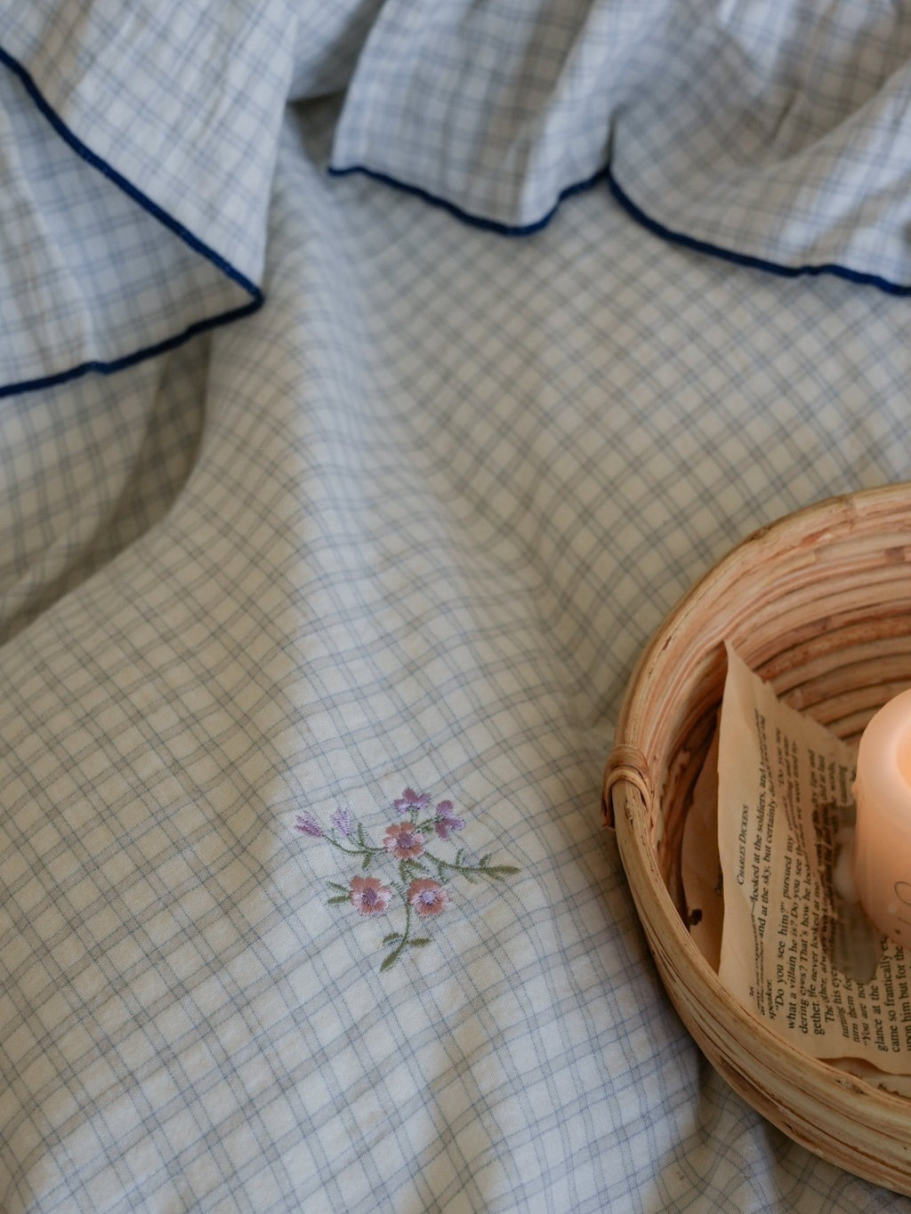 Florabelle Blue Gingham Embroidered Muslin Bedding Set original reference image 7