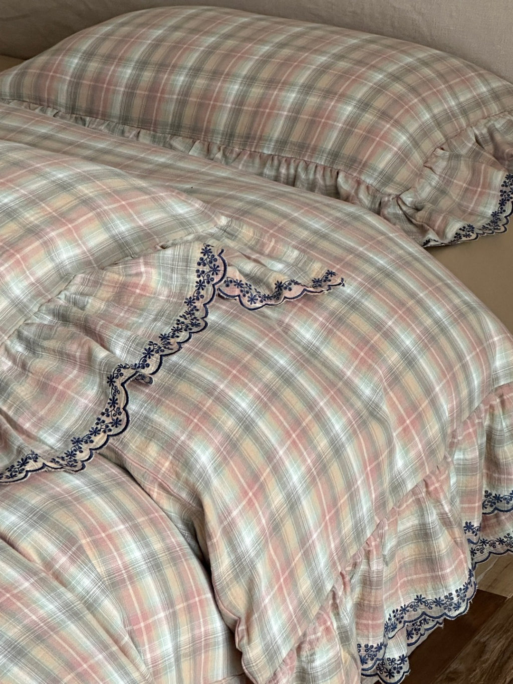 Meadowmist Pastel Plaid Lace Muslin Bedding Set original reference image 4
