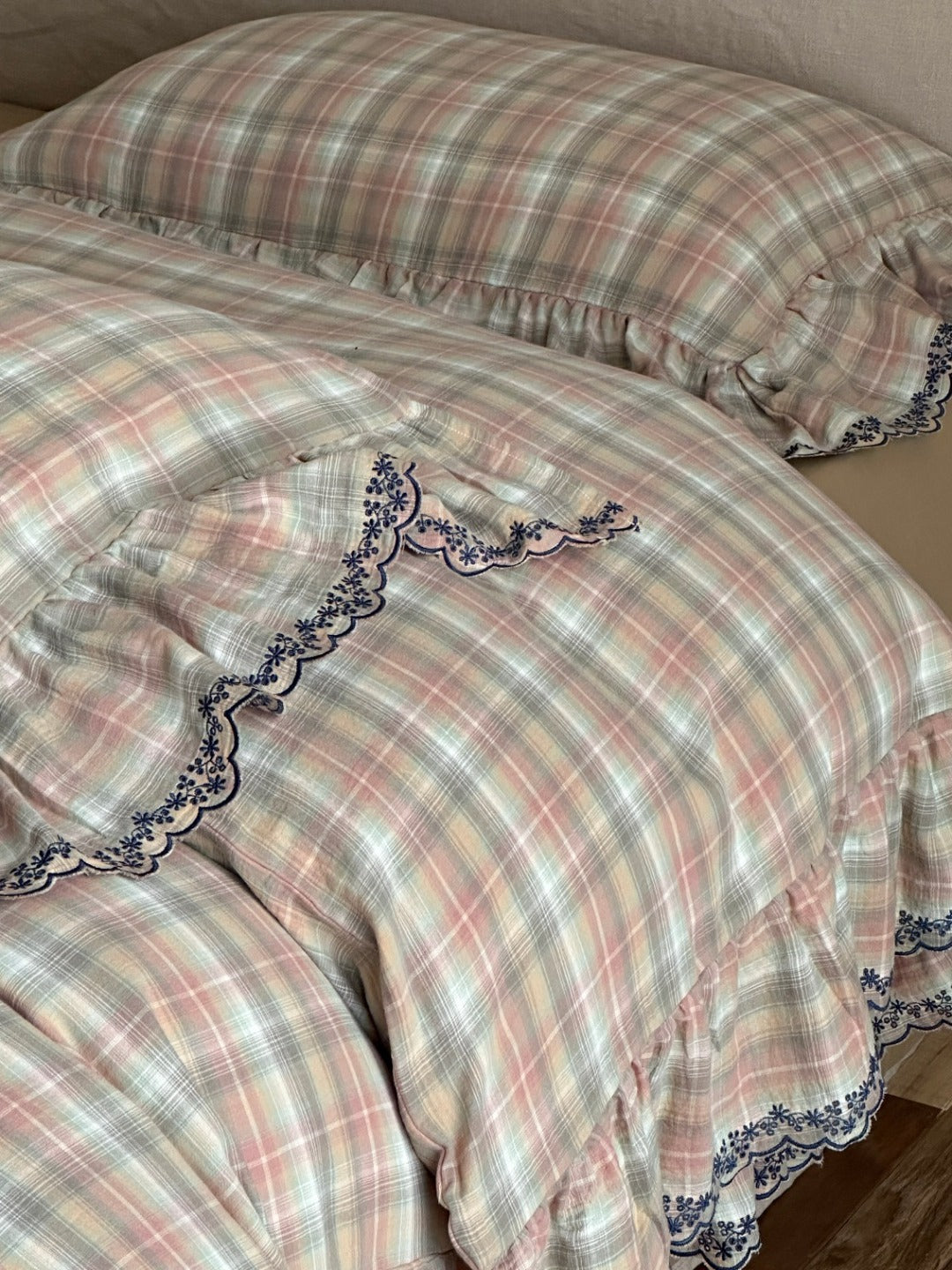Meadowmist Pastel Plaid Lace Muslin Bedding Set original reference image 4