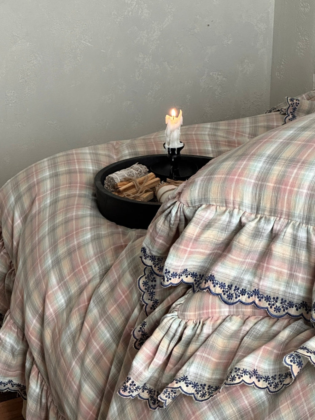 Meadowmist Pastel Plaid Lace Muslin Bedding Set original reference image 7
