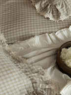 Misty Letter Beige Gingham Lace Muslin Bedding Set original reference image 1