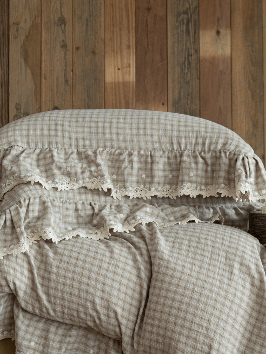 Misty Letter Beige Gingham Lace Muslin Bedding Set original reference image 3