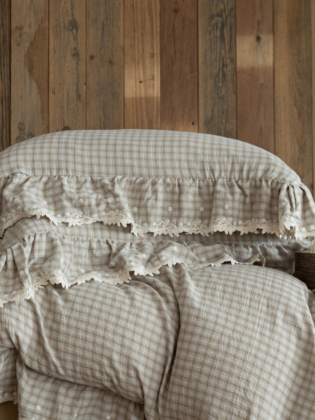 Misty Letter Beige Gingham Lace Muslin Bedding Set original reference image 3