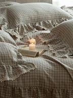 Misty Letter Beige Gingham Lace Muslin Bedding Set original reference image 5
