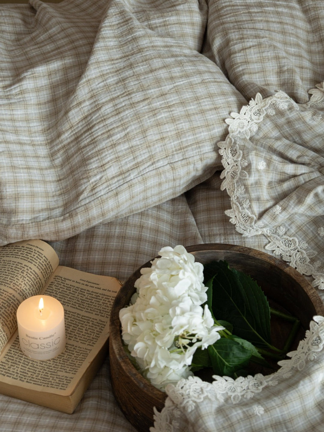 Misty Letter Beige Gingham Lace Muslin Bedding Set original reference image 6