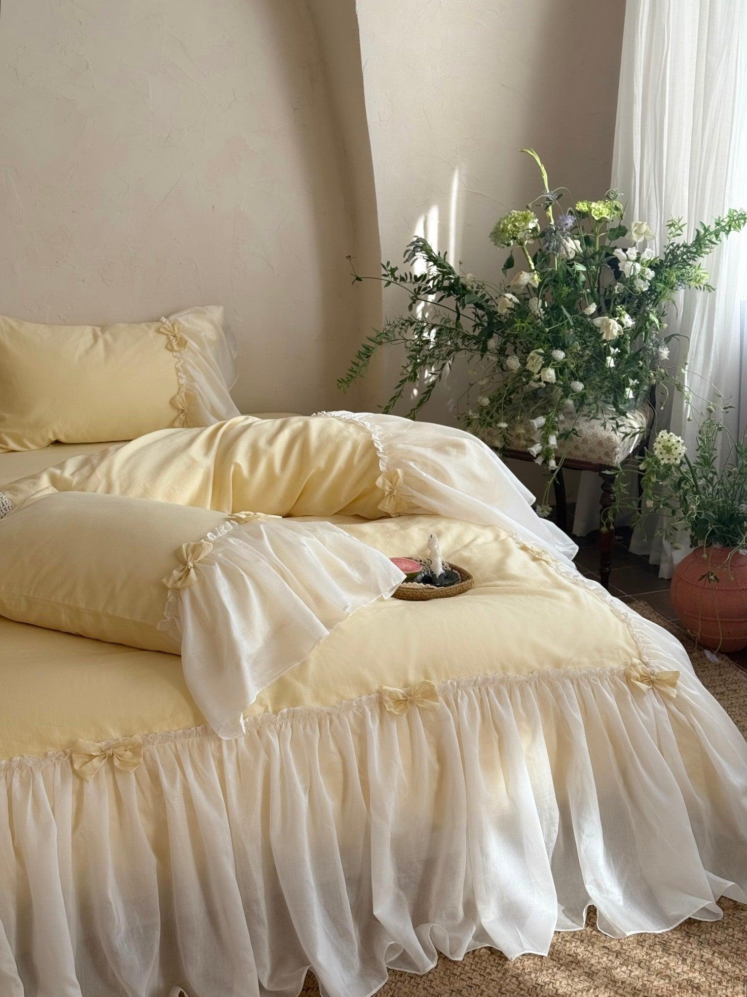 Buttercream Ruffle Organza Trim Sateen Bedding Set