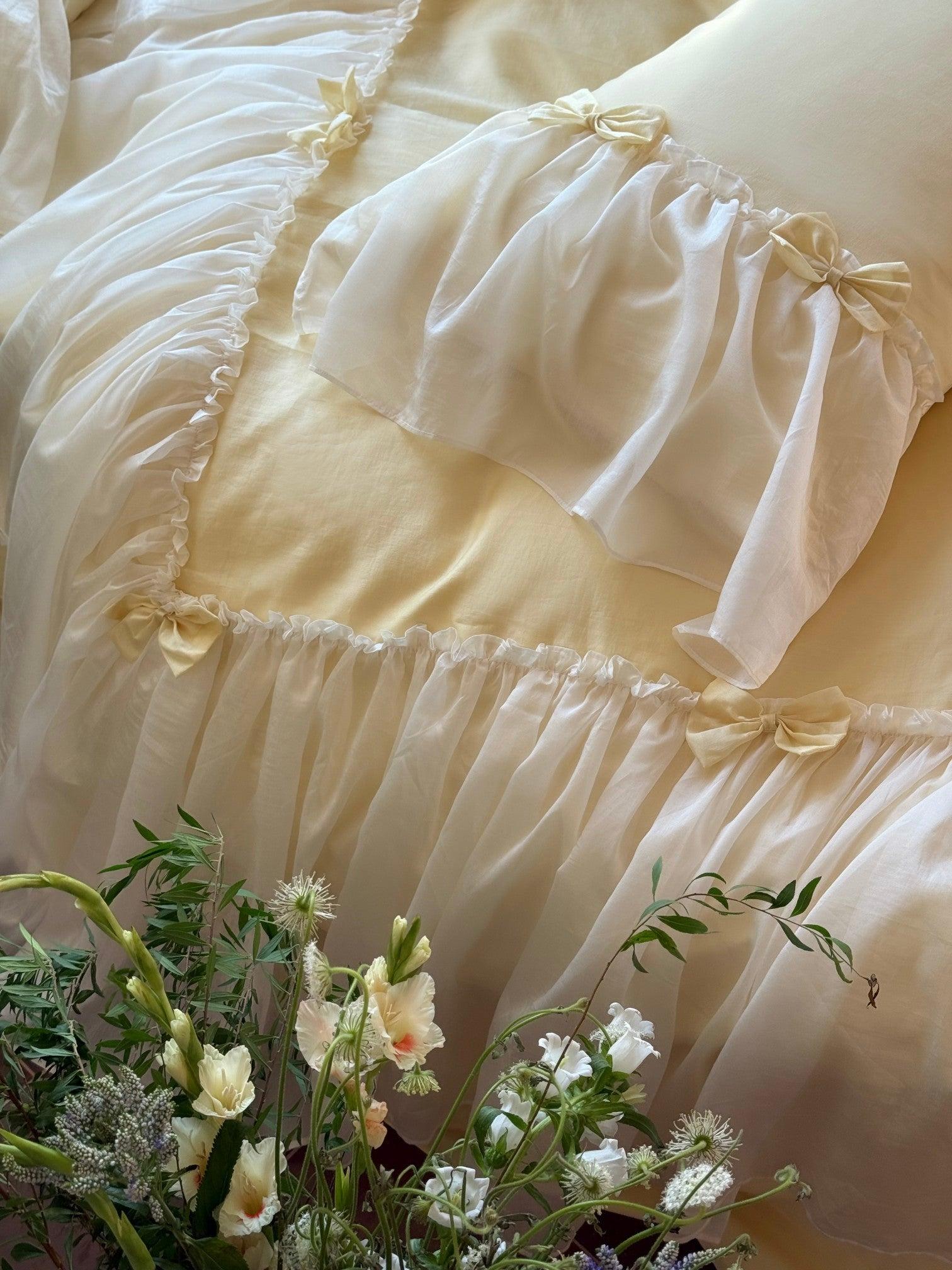 Buttercream Ruffle Organza Trim Sateen Bedding Set