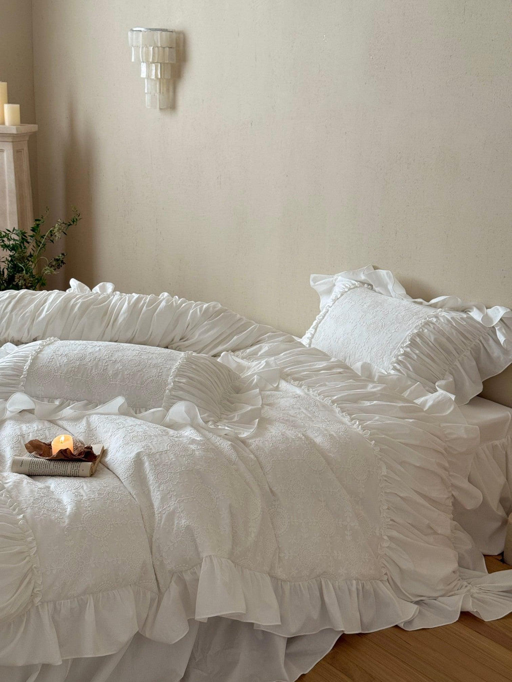 White Whisper Embroidered Ruched Ruffle Bedding Set