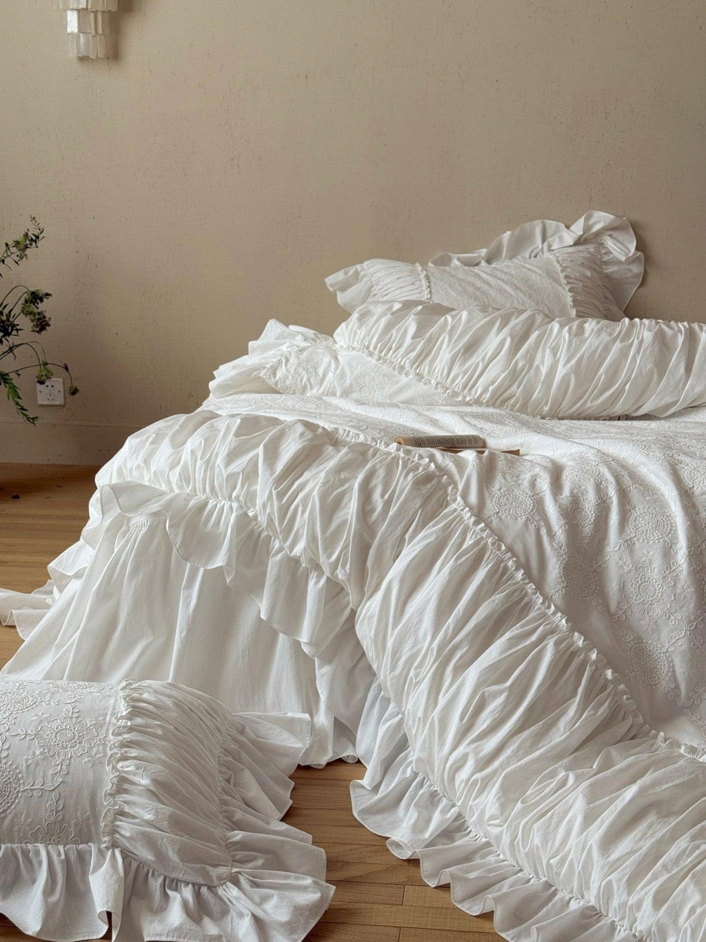 White Whisper Embroidered Ruched Ruffle Bedding Set