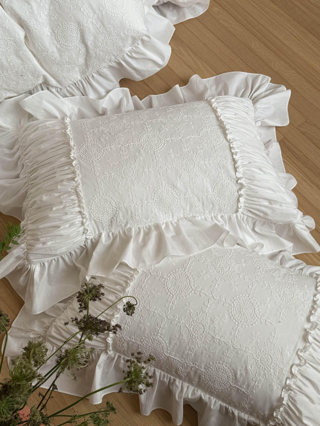 White Whisper Embroidered Ruched Ruffle Bedding Set