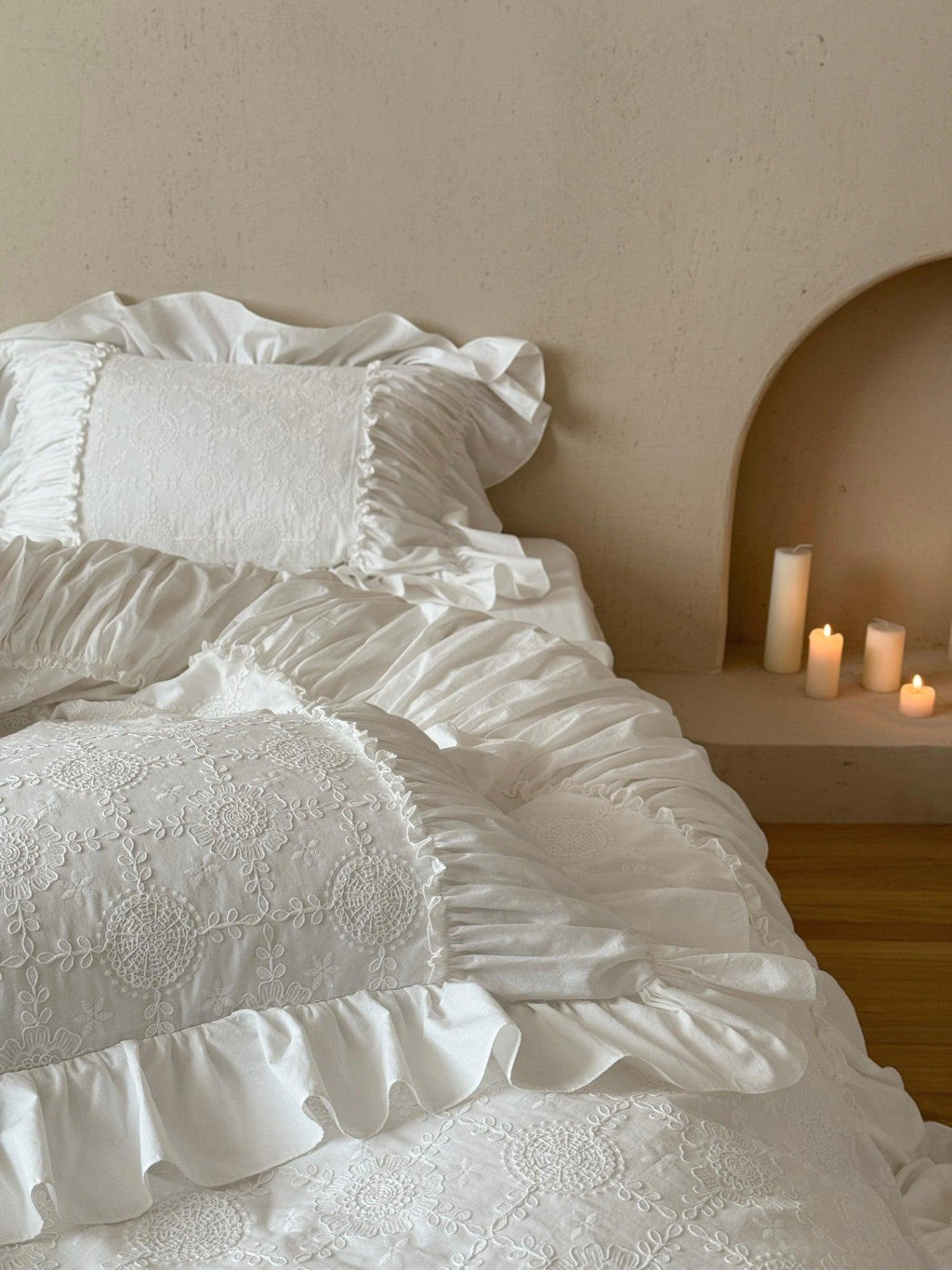 White Whisper Embroidered Ruched Ruffle Bedding Set